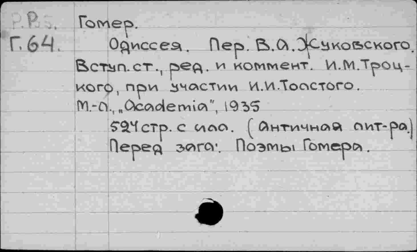 ﻿г.Р Гомер.
Г 6^4. О^иссез\. Пер. &.(А.Эк-Ь*чо&схого. ^стлп.ст., ре<^. и коммент. И.М.Троц-когф, при змсчстии И.И.Тоостого. ГП.-СУ, „САссм^еги\с\ ”,
$^4стр. с ило.	Античной стт-ра}
Пере$ эс^гсг.. Поэмы Гомерс>>.